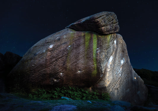 The Sheep boulder at Burbage North, popular gritstone climbing spot in the Peak District